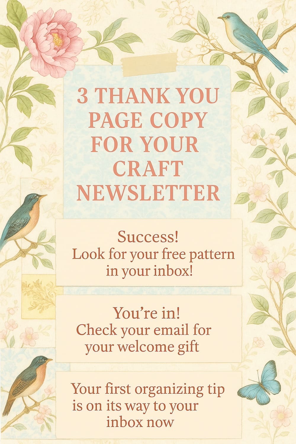 An elegant chinoiserie junk journaling scrapbooking craft bright pastel infographic for crafters and Etsy sellers. Text reads 3 Thank You Page Copy for Your Craft Newsletter, Success! Look for your free pattern in your inbox!, You're in! Check your email for your welcome gift, Your first organizing tip is on its way to your inbox now.
