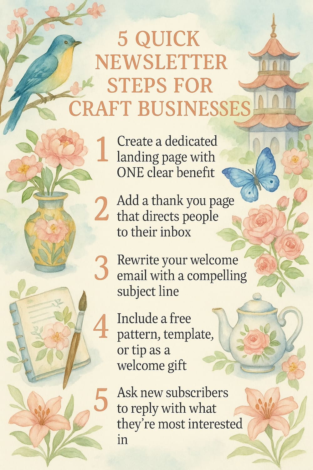 An elegant watercolor chinoiserie junk journaling scrapbooking craft bright pastel infographic for crafters and Etsy sellers. Text reads 5 quick newsletter Steps for Craft Businesses, Create a dedicated landing page with ONE clear benefit, Add a thank you page that directs people to their inbox, Rewrite your welcome email with a compelling subject line, Include a free pattern, template, or tip as a welcome gift, Ask new subscribers to reply with what they're most interested in.