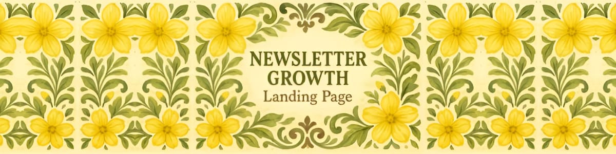 Banner with a vintage floral design featuring yellow flowers and green leaves on a cream background. Centered text reads 'Newsletter Growth Landing Page' in elegant serif font.